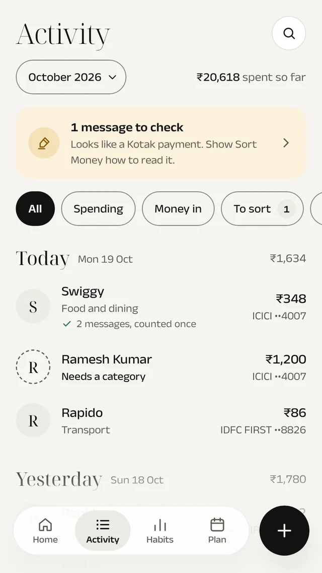 Activity: payments grouped by day, with a transfer to your own account shown but not counted.
